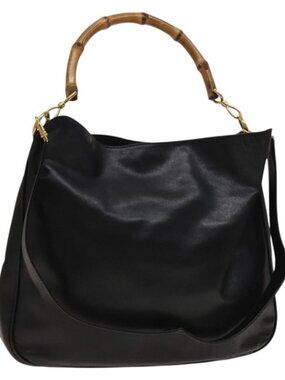 Authentic GUCCI Bamboo Shoulder Bag Leather 2way Black Gold 001 1781 1577